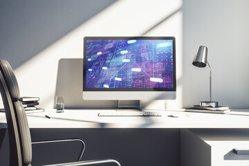 Modern computer monitor with abstract programming language, research and development concept. 3D Rendering