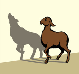 Vector drawing. Cute small sheep with shadow of wolf