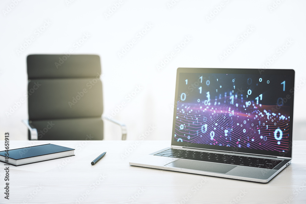 Aufkleber Creative concept of binary code illustration on modern laptop screen. Big data and coding concept. 3D Rendering