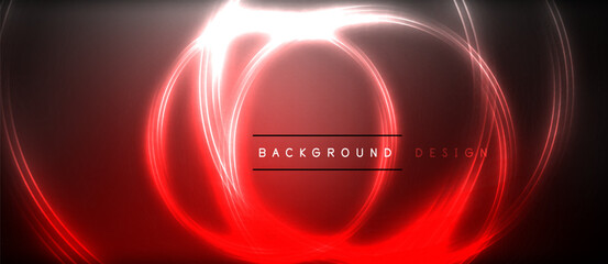 Neon glowing circle rays, light round lines in the dark, planet style neon wave lines. Energetic electric concept design for wallpaper, banner, background