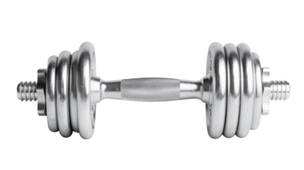 A silver adjustable dumbbell with multiple weight plates isolated on a white background.