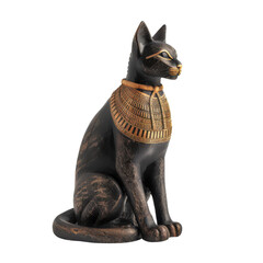 A black cat figurine with gold trim, sitting in a regal pose.  Ancient Egyptian style.  Perfect for home decor or collectors. isolated on a white background.