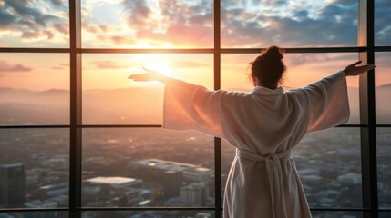 A woman in a robe looks out of a window at the rising sun