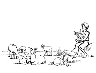 Vector drawing. Guy playing the harp at the field