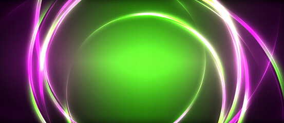 Neon glowing circle rays, light round lines in the dark, planet style neon wave lines. Energetic electric concept design for wallpaper, banner, background