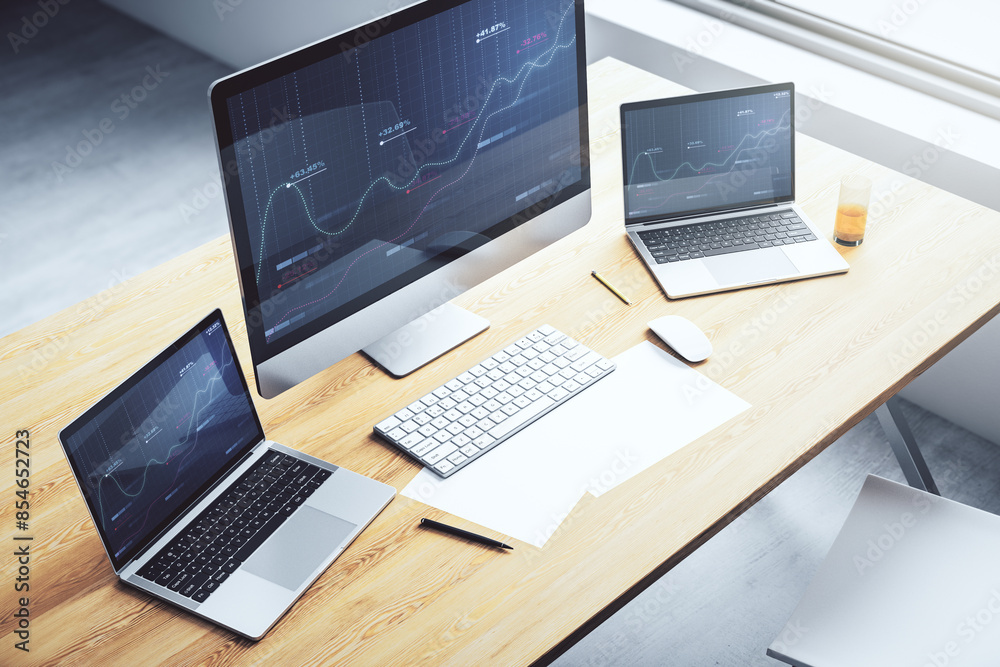Poster Stats data illustration on modern laptop monitor, computing and analytics concept. 3D Rendering