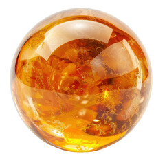 A glowing, amber-colored orb with a mesmerizing, swirling interior. The sphere reflects light beautifully, creating a captivating image. isolated on a white background.