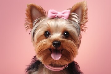 Fototapeta premium Portrait of a smiling yorkshire terrier on pastel pink background