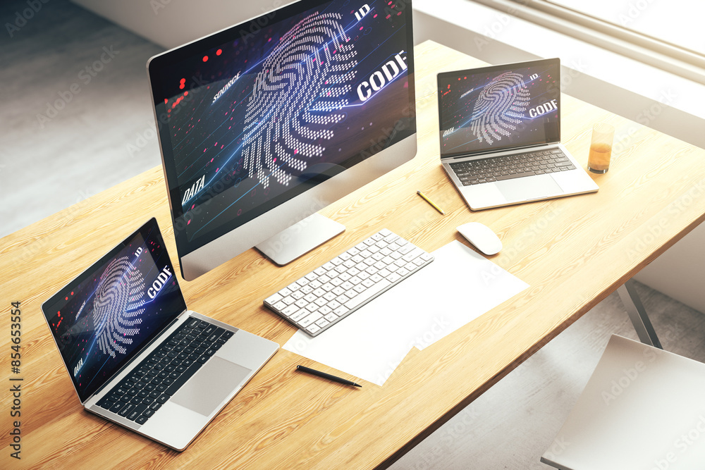 Poster Abstract creative fingerprint illustration on modern laptop monitor, digital access concept. 3D Rendering