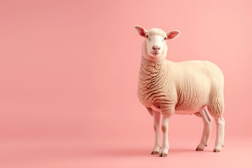 Fototapeta premium Whimsical portrait of a sheep against a pink background, capturing the charm and simplicity of farm life. Ideal for animal-themed and playful projects.