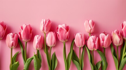 Fototapeta premium Row of Pink Tulips Against Pastel Background, Web Banner Design with Copyspace Style