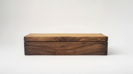 Fototapeta premium A wooden box sits atop a clean and minimalist white surface, ideal for showcasing or displaying small items