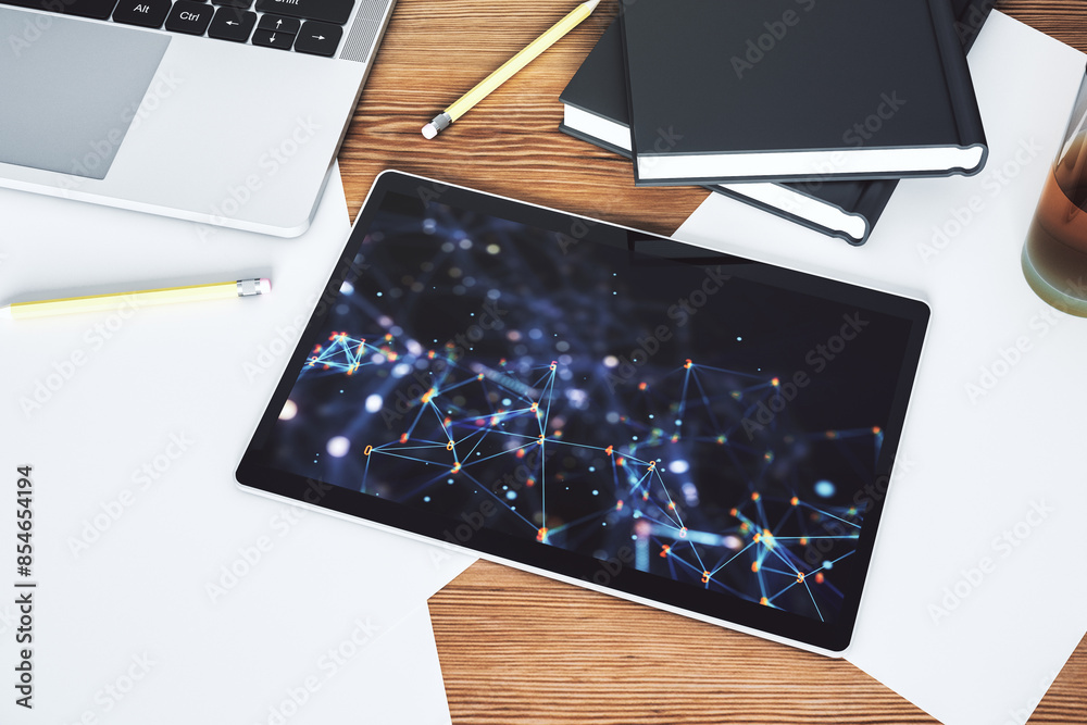 Leinwandbilder top view of modern digital tablet monitor with technology desktop. research and development software