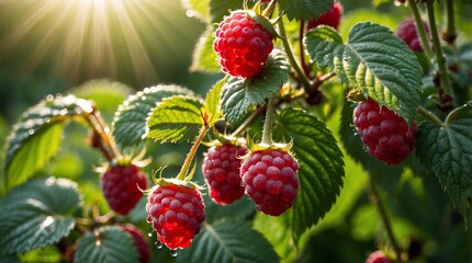 Raspberry bush, branch with large juicy berries, close-up