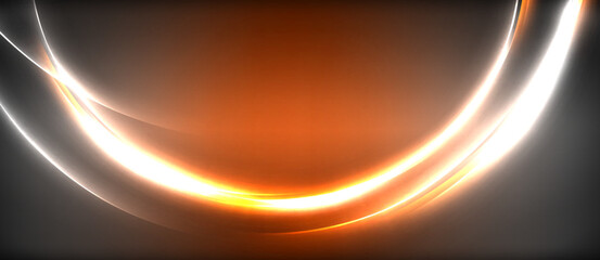 Neon glowing circle rays, light round lines in the dark, planet style neon wave lines. Energetic electric concept design for wallpaper, banner, background