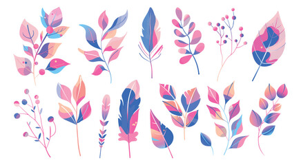 Set of isolated floral illustration with flowers, branches, berries, feathers, leaves and cute elements in simple plain graphic style on transparent background. Holographic neon pastel color tone.