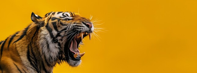 Powerful image of a roaring tiger against a vibrant yellow background, capturing the essence of wild strength and energy. Ideal for wildlife and nature-themed projects.