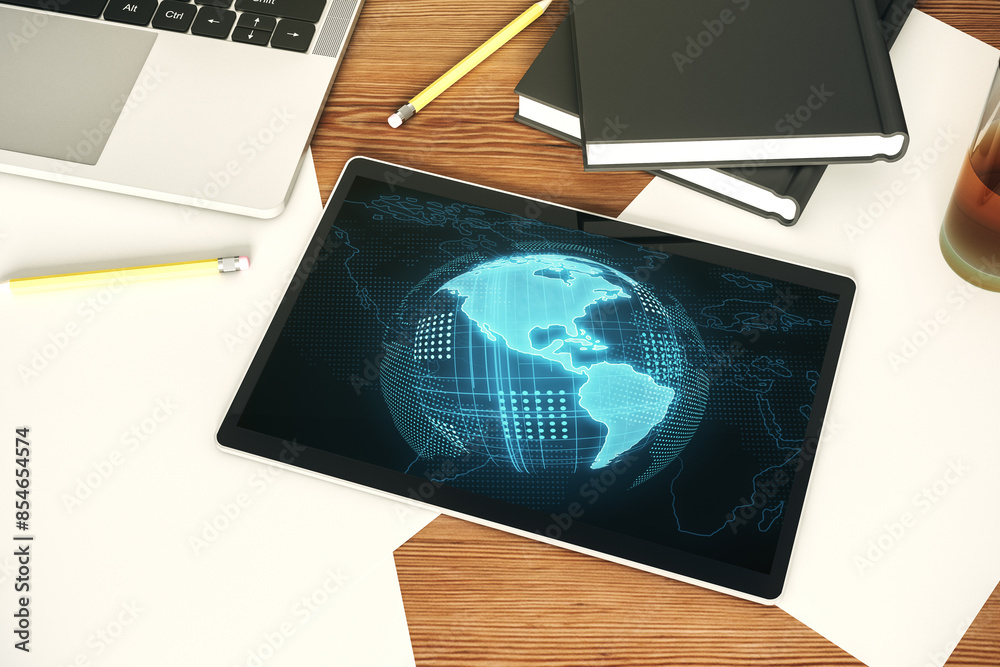 Poster top view of modern digital tablet monitor with america map, research and strategy concept. 3d render