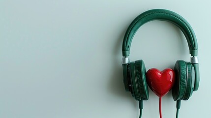 Red heart on green headphones on white background flat lay with space for text