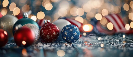 Festive Christmas ornaments with an American flag theme, surrounded by sparkling lights, snow, and a patriotic atmosphere.