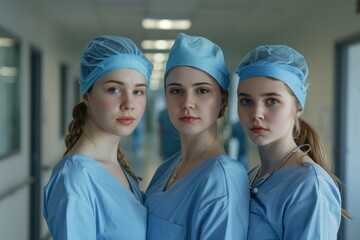 Three medical professionals wearing scrub hats and likely preparing for a medical procedure