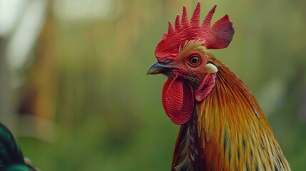 Colorful rooster with red comb on green background in countryside farm setting