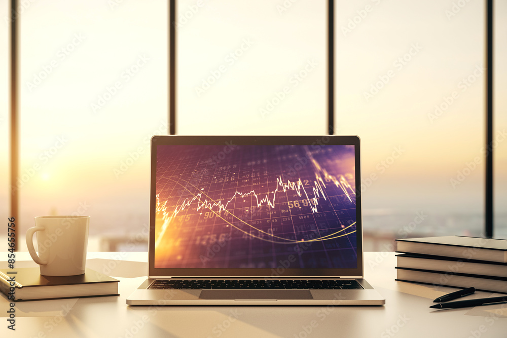 Poster abstract creative financial graph on modern laptop monitor, forex and investment concept. 3d renderi