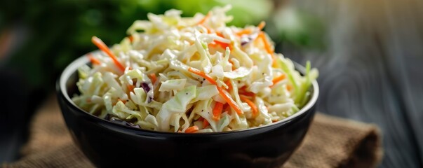 Fresh homemade coleslaw in a black bowl on a rustic table. Crisp cabbage, carrots, and creamy dressing create a delicious side dish.