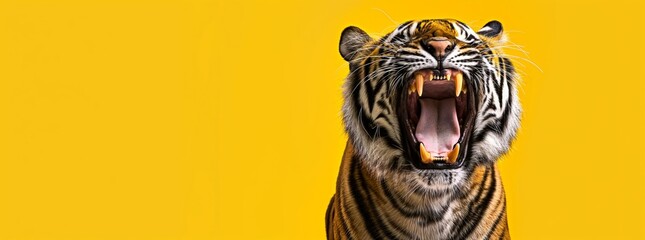 Obraz premium Powerful image of a roaring tiger against a vibrant yellow background, capturing the essence of wild strength and energy. Ideal for wildlife and nature-themed projects.