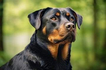 Fototapeta premium Portrait of a curious rottweiler isolated on pastel green background