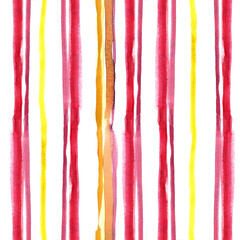 Seamless pattern with watercolor hand drawn blurry vertical stripes in pink and yellow colors. Abstract geometric background in artistic paint streaks. Design for covers, packaging, textile.