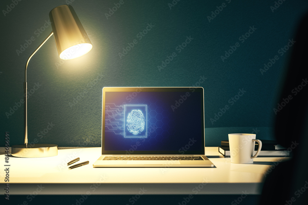 Leinwandbilder Modern computer display with abstract graphic fingerprint sketch, fingerprint scan data concept. 3D Rendering