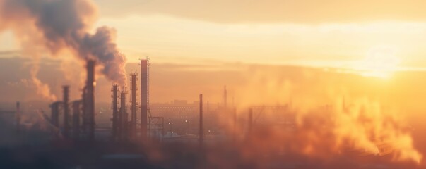 Obraz premium Industrial factory emitting smoke during sunset, illustrating pollution and environmental impact with dramatic colors.