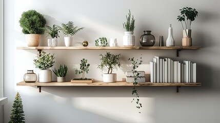 Cozy Minimalist Home Decor Shelves Displaying Houseplants and Books.Zoom Virtual Background, Cozy Interior Backdrop, Living Room Background, Virtual Meetings