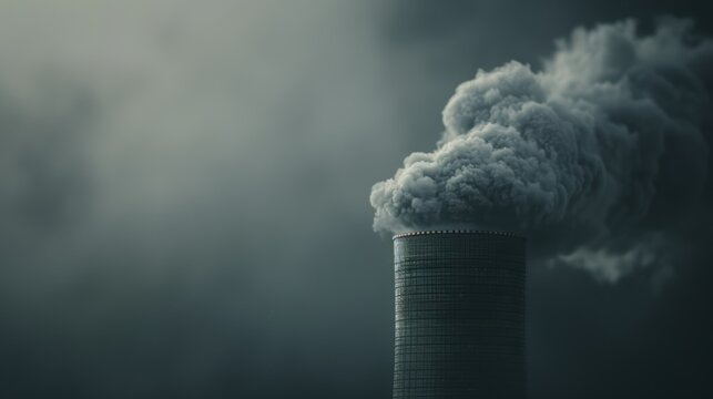 Industrial smokestack emitting thick smoke into the atmosphere on a gloomy day, highlighting environmental pollution and air quality issues.