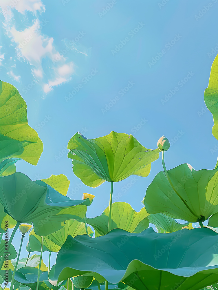 Sticker Lotus Pond Photography, upward angle, lotus leaves, water surface Generative AI