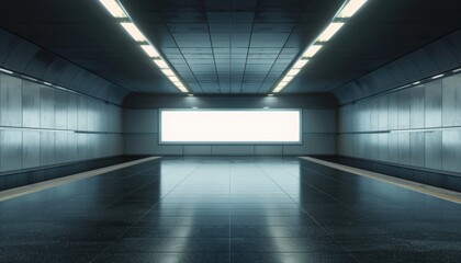 Modern, empty hallway with futuristic design, illuminated by bright lights. Metallic walls and glossy floor create a clean, reflective space.