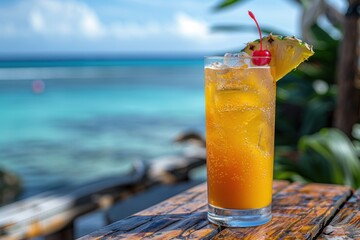 A tropical cocktail with a small umbrella, garnished with a slice of pineapple and a cherry, sitting on a wooden table by the sea.