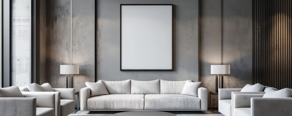 Modern living room with minimalist design, featuring a large gray sofa, elegant decor, and a blank framed canvas on the wall.