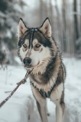 Fototapeta premium A husky dog playing with a stick in snowy terrain, great for winter or outdoor scenes