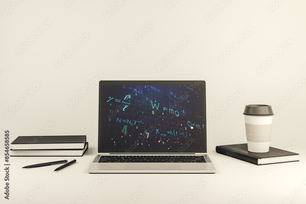 Poster Modern computer monitor with creative scientific formula concept, research and development concept. 3D Rendering