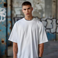 Man model using oversize white round collar t-shirt with minimalist industrial background Generative AI