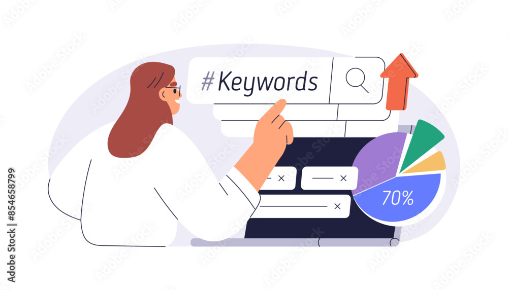 Poster Keywords and search engine optimization concept. Marketing strategy and SEO analysis, contextual ads, ranking, data analytics and development. Flat vector illustration isolated on white background