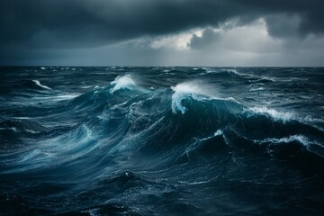 Fototapeta premium Dramatic stormy ocean waves under a dark sky, capturing the raw power and intensity of the sea. Ideal for nature, maritime, and weather-related content.