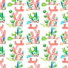 Hand drawn watercolor corals and seashells seamless pattern isolated on white background. Marine illustration can be used for textile, fabric, wrapping and other printed products.