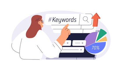 Keywords and search engine optimization concept. Marketing strategy and SEO analysis, contextual ads, ranking, data analytics and development. Flat vector illustration isolated on white background