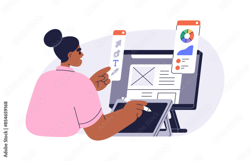 Fototapete UI designer works on computer, digital graphic tablet. Editing web UI design. Creating user interface. Creative workplace, professional software. Flat vector illustration isolated on white background