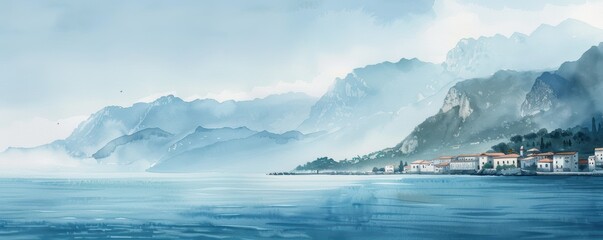 Serene coastal landscape with misty mountains and calm blue waters, perfect for relaxation and nature themes.