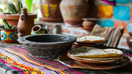 Traditional Mexican Kitchen with Handmade Tortillas and Textiles  