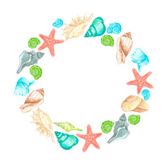 Hand drawn watercolor seashells wreath frame border isolated on white background. Marine illustration can be used for card, label, invitation and other printed products.